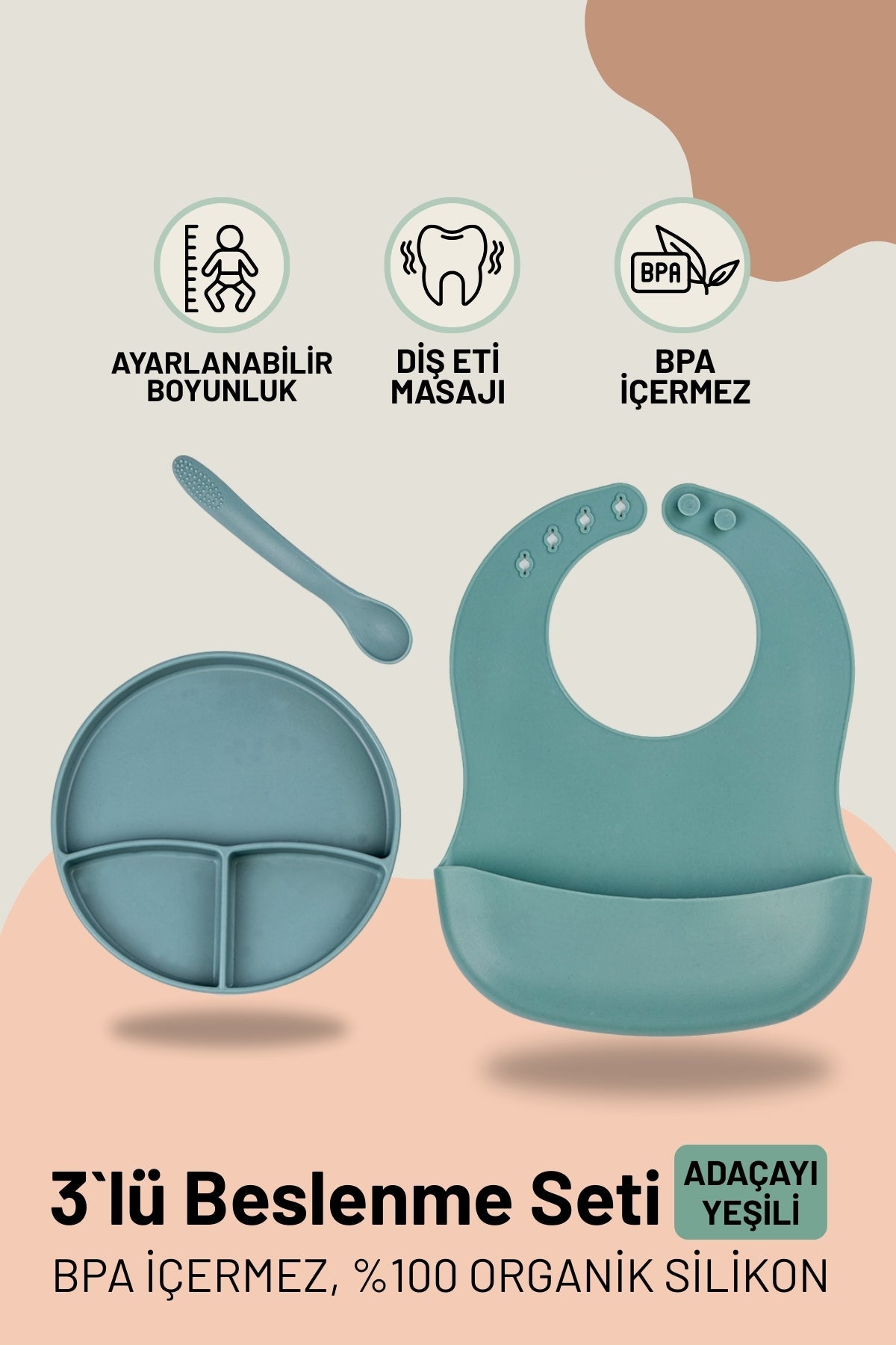 Bebek Silikon Vakumlu Mama Tabağı Kaşık Önlük Seti